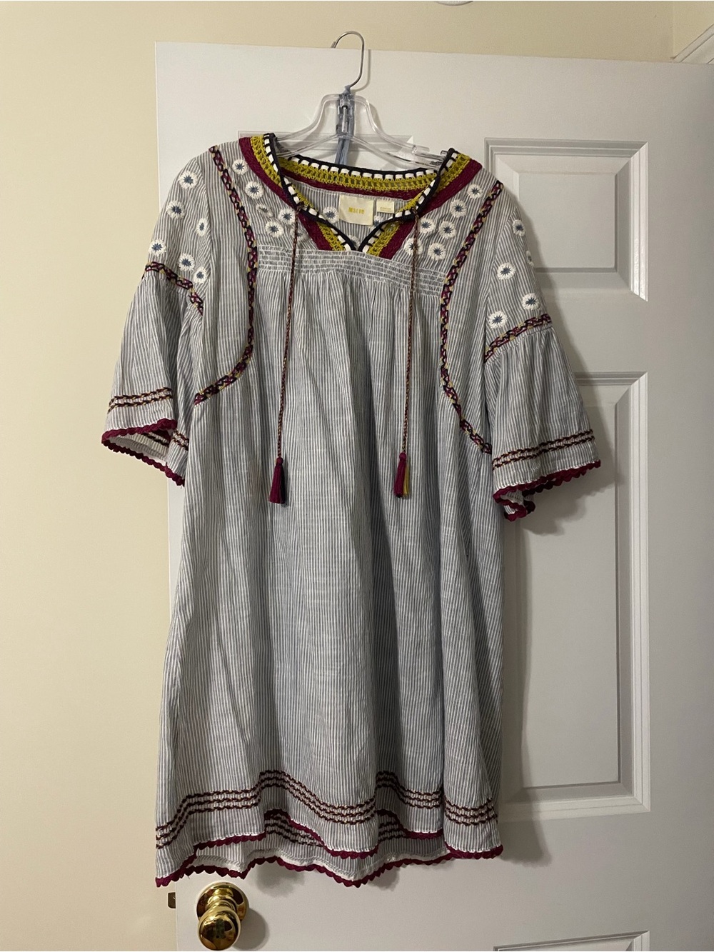 Maeve Gray and Burgundy Striped Embroidered Peasant Dress